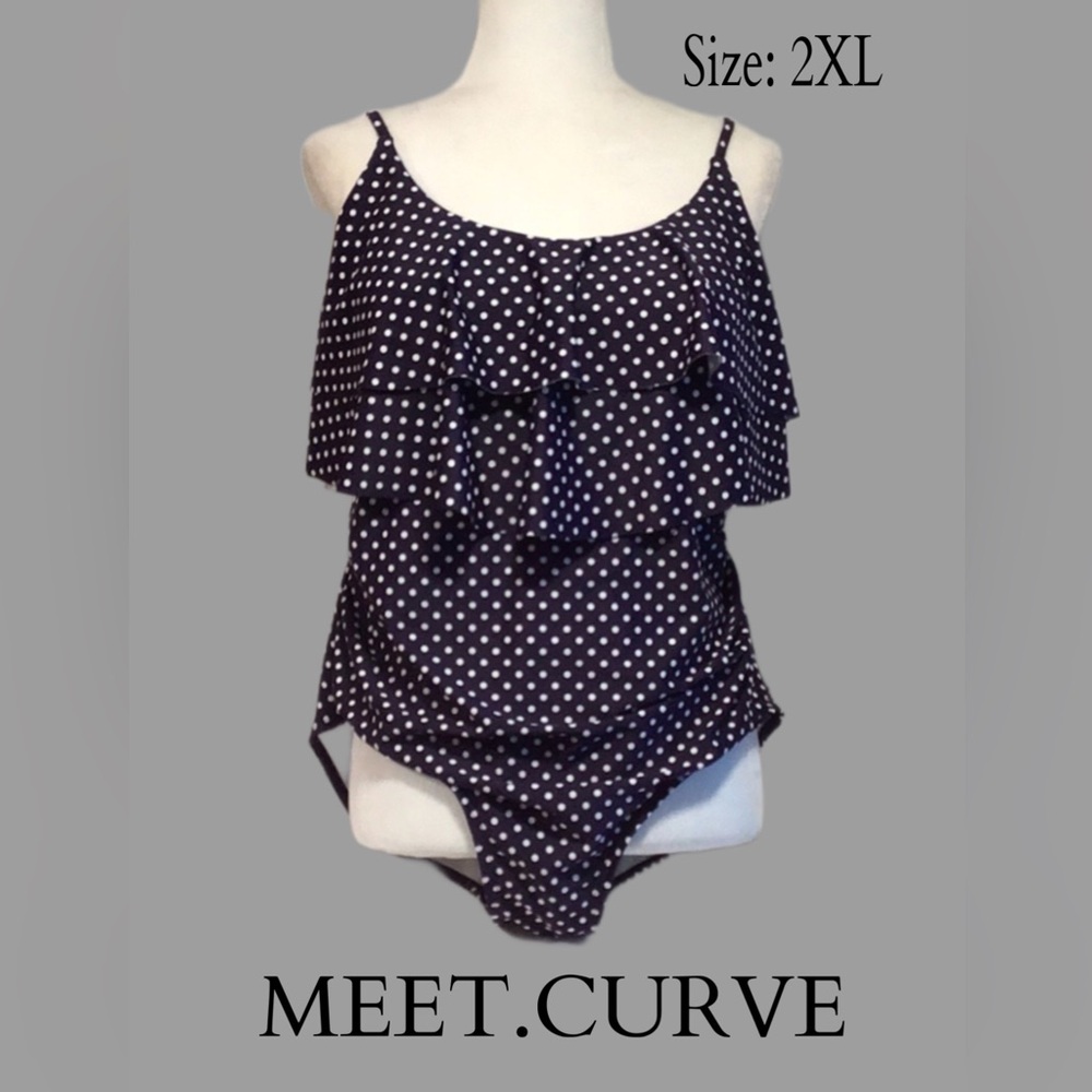 NWOT MEET.CURVE One-Piece Swim Suit, Tiered,  Polka Dots, Navy & White, Size 2XL